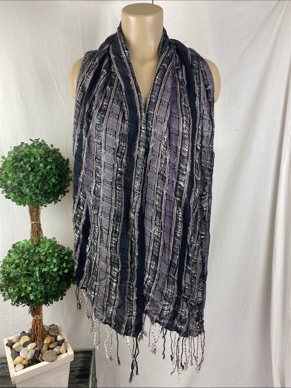 Maurices Black & Gray Striped Print Metallic Rectangular Scarve
